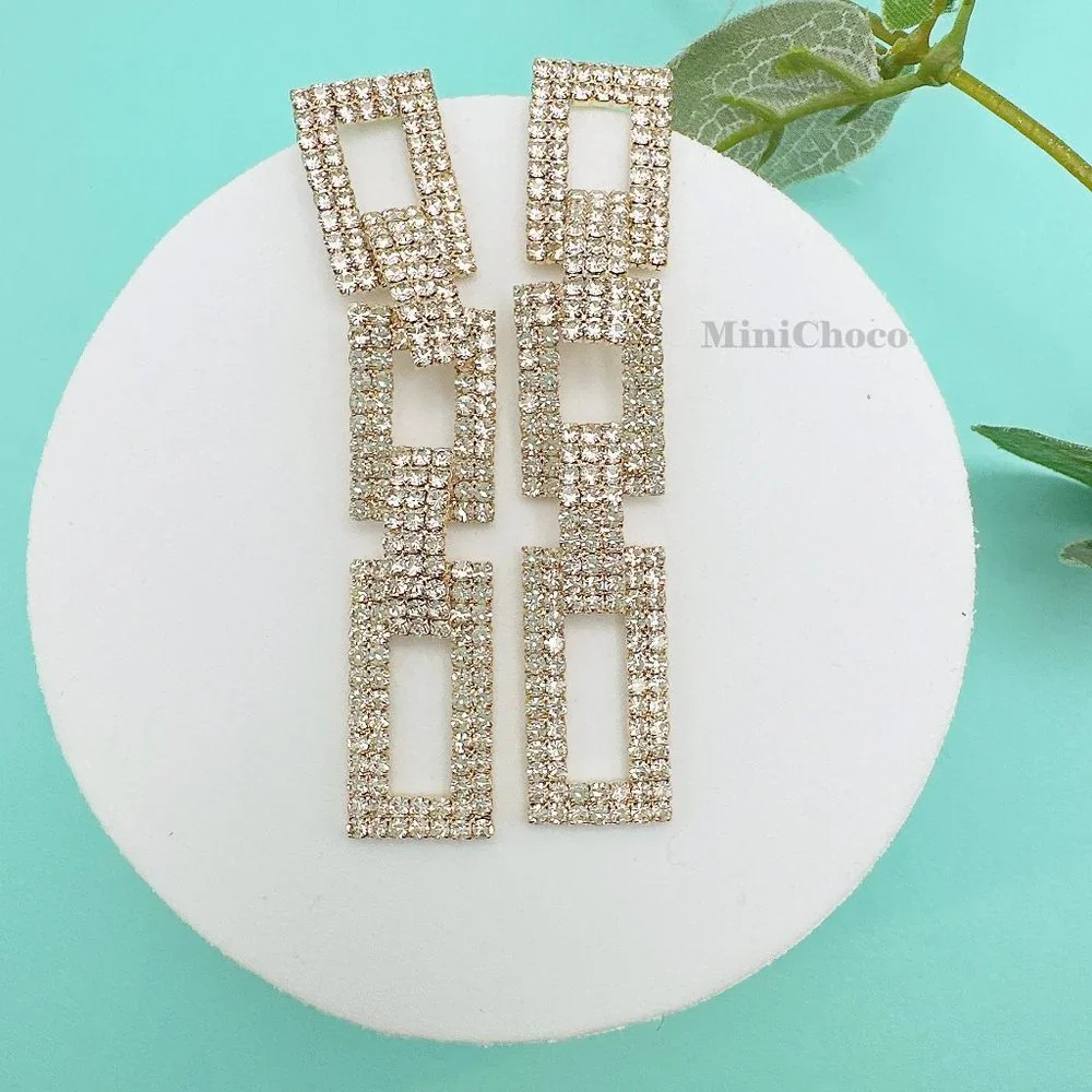 Gold Tone Rhinestone Rectangle Chain Link Earrings - Picture 1 of 10